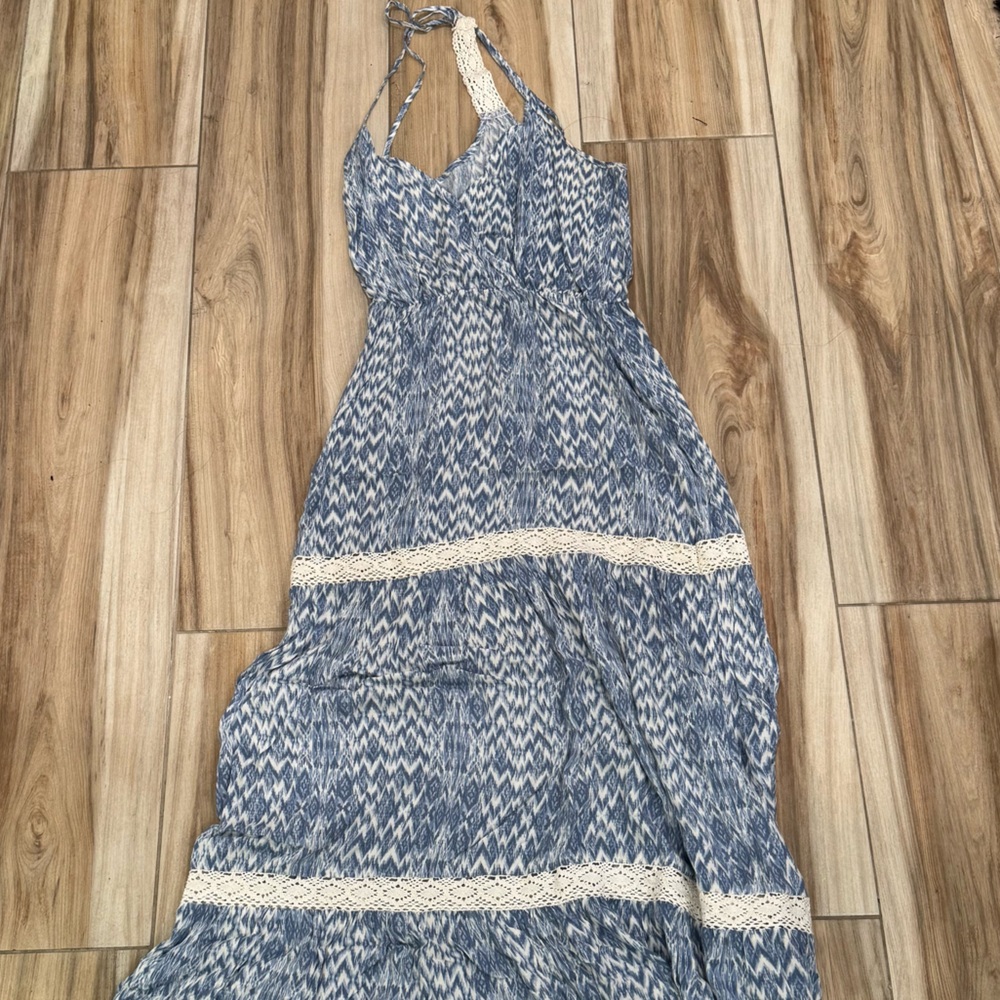 Blue and White Maxi Dress with Lace Accents